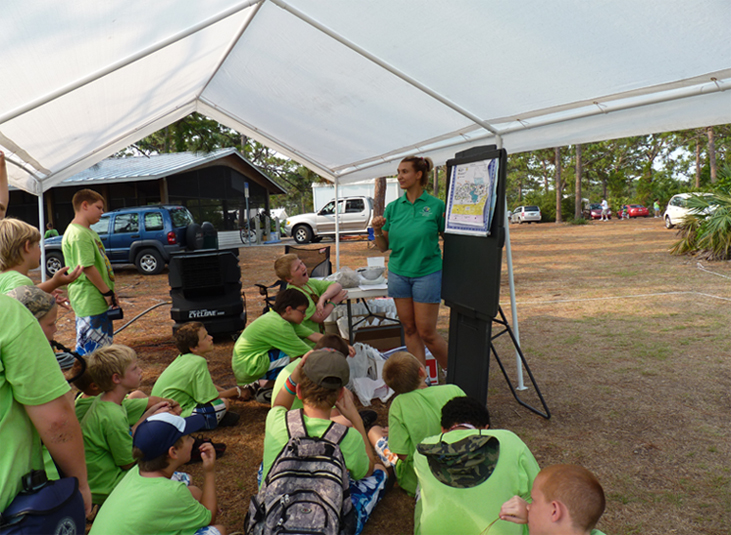 A member of the Environmental Community Outreach Division gives a presentation to school children.