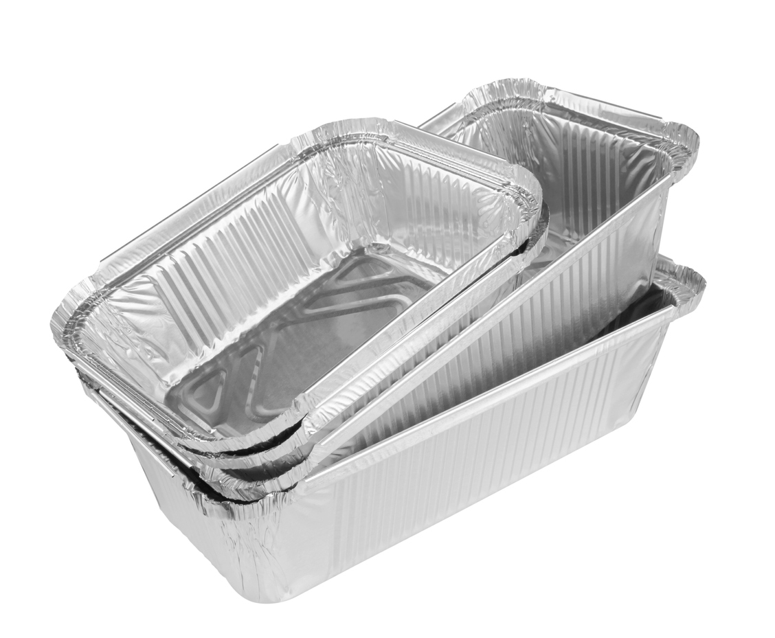 Stack of several clean aluminum pans.