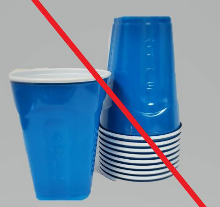 Small stack of blue disposable plastic cups with a red slash through the photo