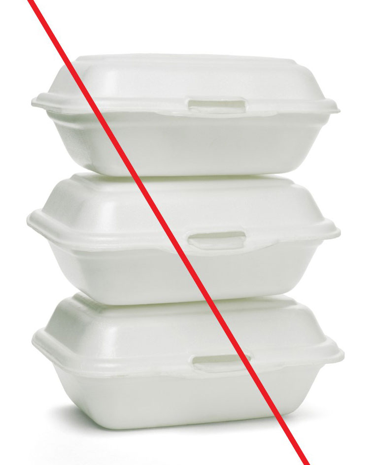 Stack of three styrofoam containers with a red slash through the photo