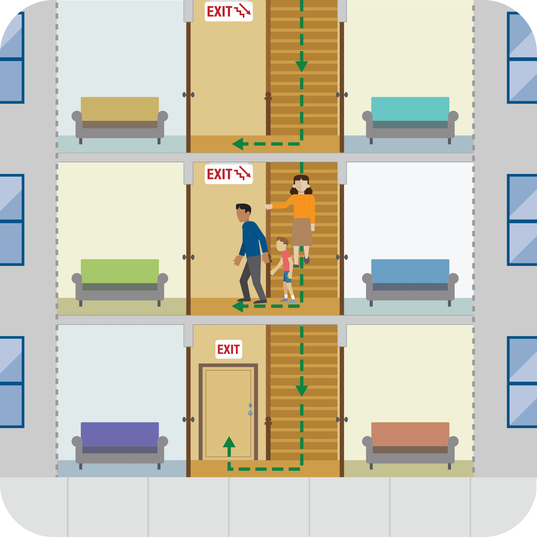 Illustration showing a man, woman and child walking toward an exit in a multistory building