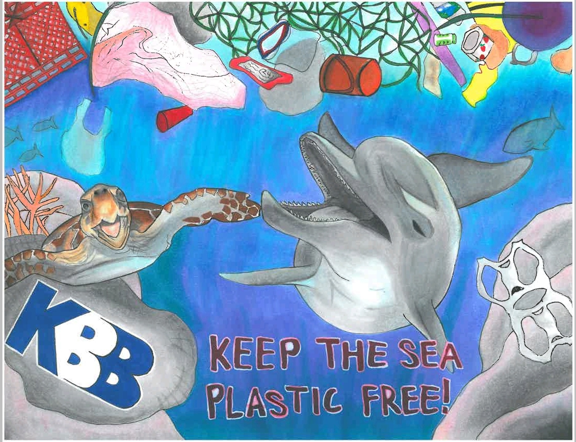 Illustration of dolphin and sea turtle in the water with plastic trash floating around them. Includes text that says 