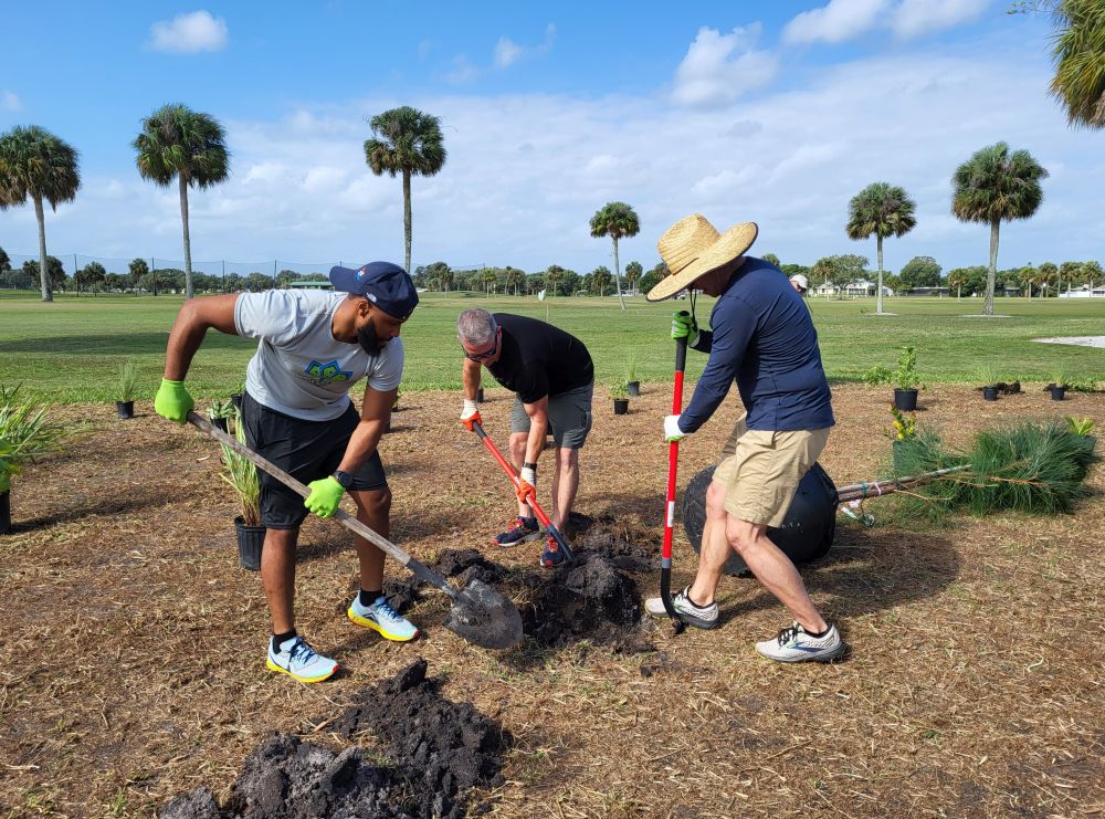 Volunteers digging holes for native plant installation at Crane Creek Reserve Golf Course.