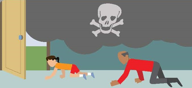 Illustration of man and child crawling low under smoke with a human skull floating in the smoke.