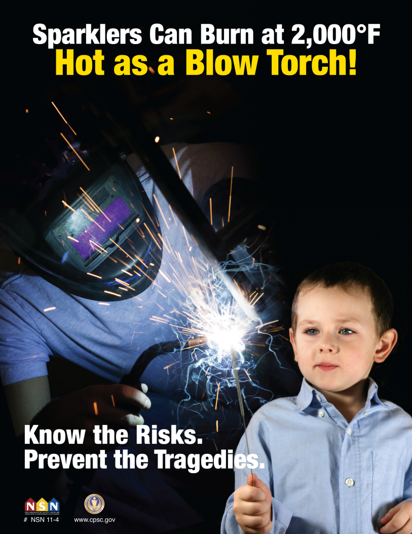 Photo of man in safety helmet and face shield using a blow torch juxtaposed with a photo of a young boy holding a sparkler. Includes text that says 