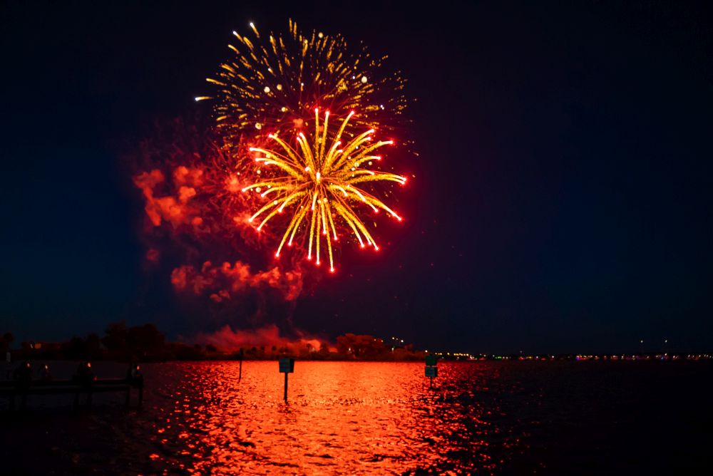 View of fireworks over the Indian River Lagoon from Front Street Park.