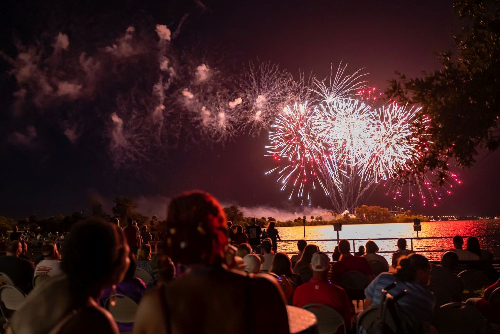 Spectators watching fireworks over the Indian River Lagoon from Front Street Park.