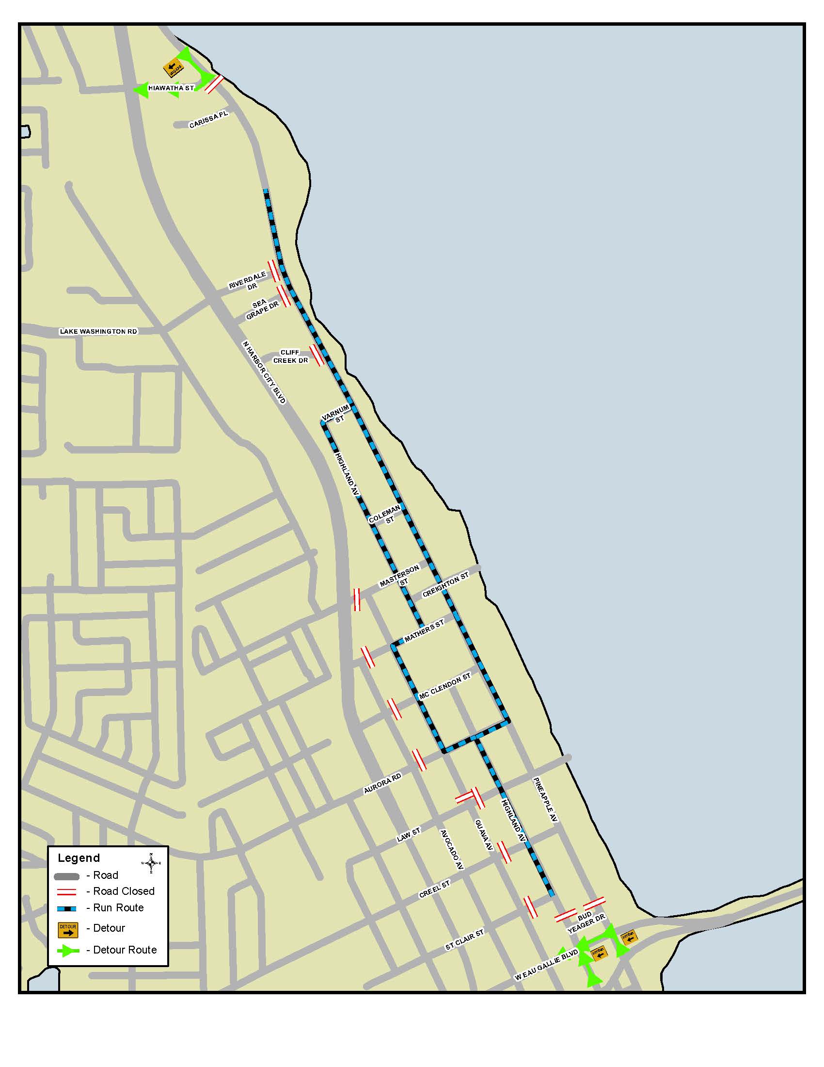 This is a map depicting the road closures for the Ghostly Gecko 5K in Downtown Eau Gallie