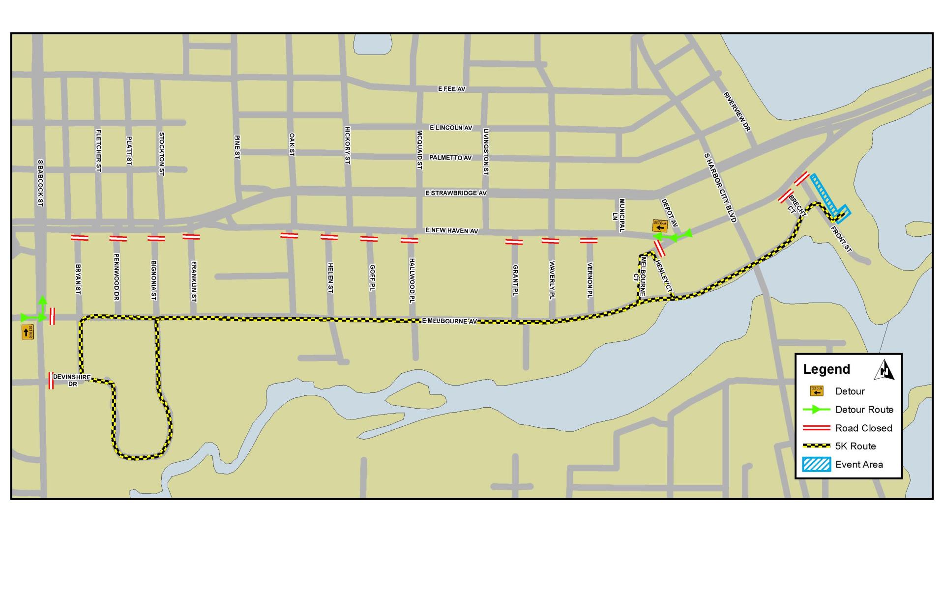 This is a map that depicts the road closures for the Space Coast Turkey Trot