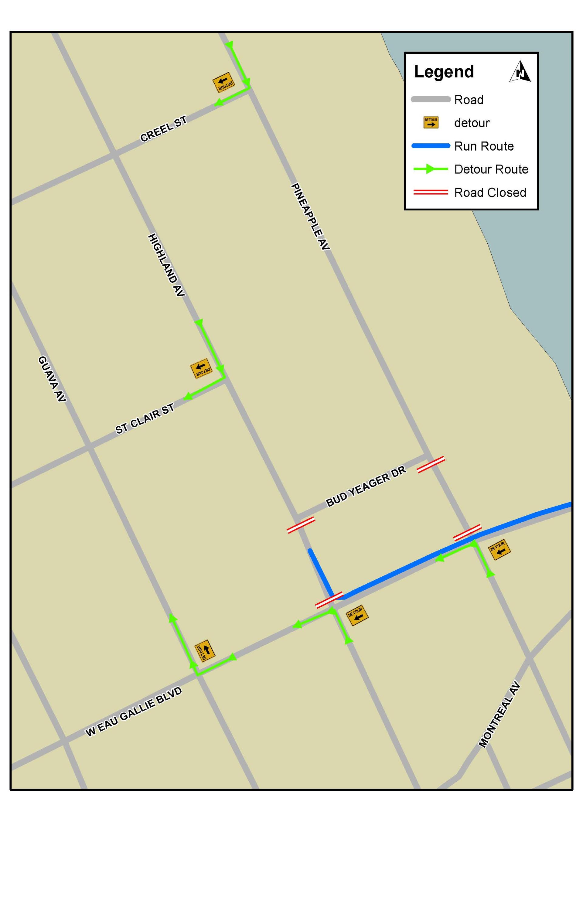 This is a map depicting the road and lane closures for the NVHS Homestretch 5K for the Vets