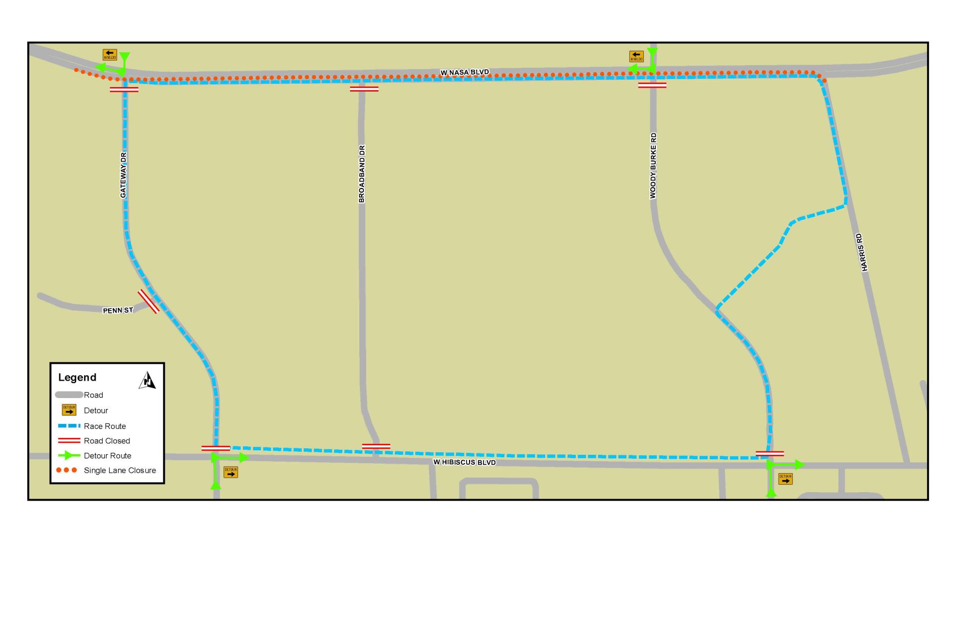 This is a map depicting the road closures for the L3Harris 5K