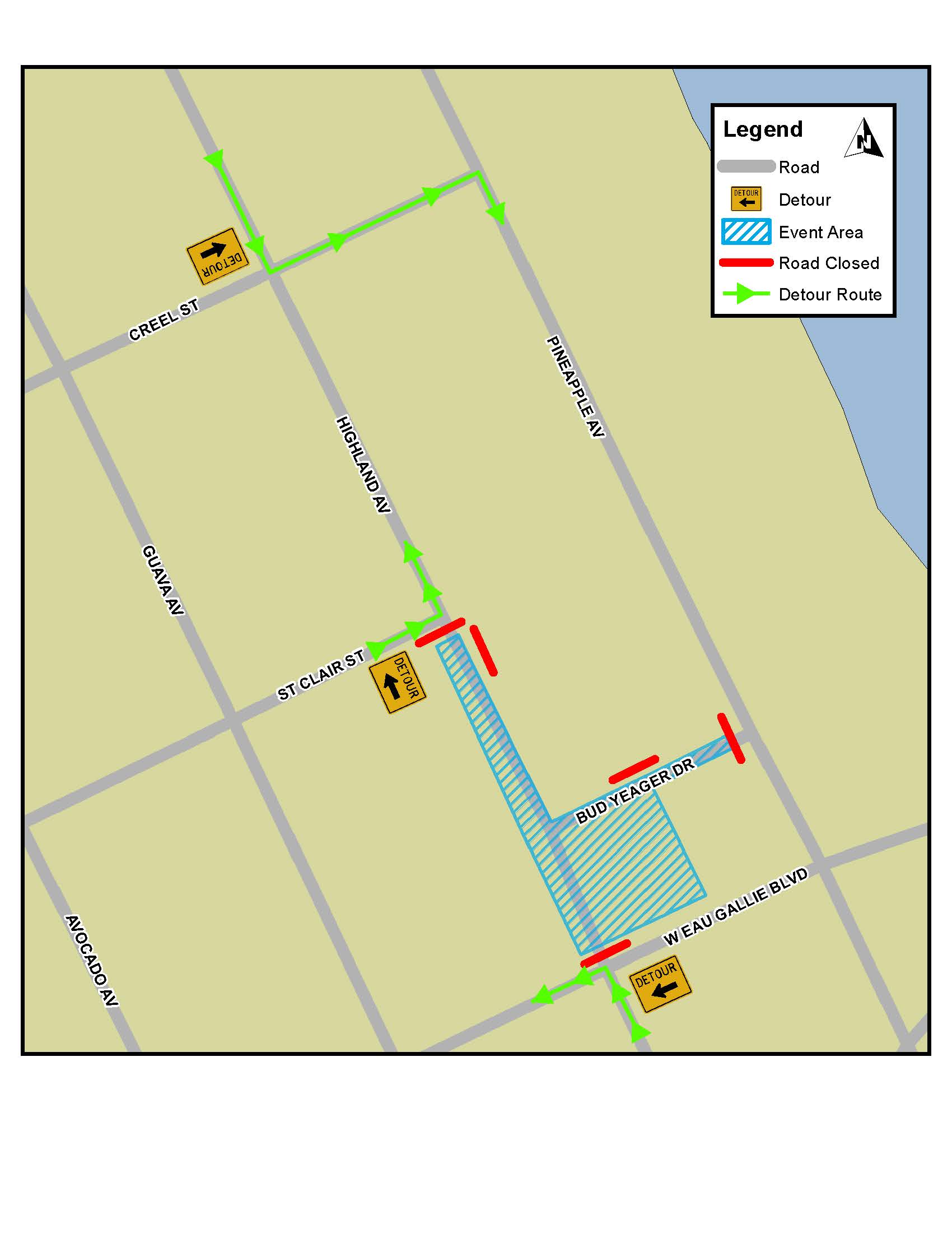 This is a map depicting the road closures for the St. Patrick's Day Festival in Downtown Eau Gallie