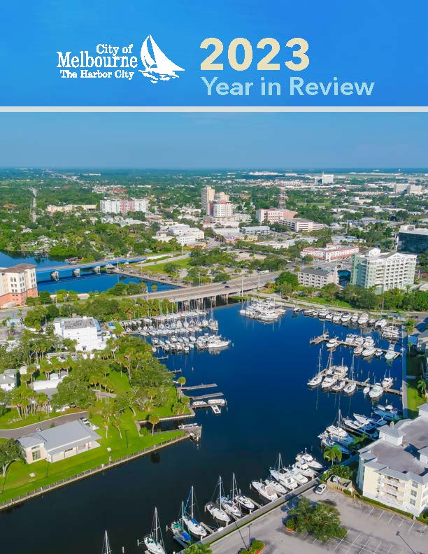 Aerial of Crane Creek and Downtown Melbourne with City of Melbourne logo and text that says "2023 Year in Review"