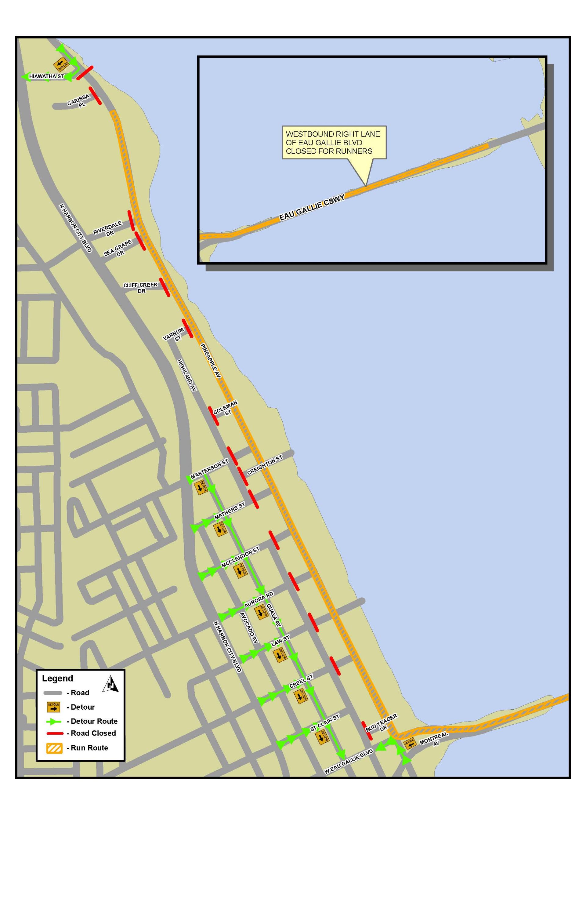 This is a map depicting the road closures in the Downtown Eau Gallie area