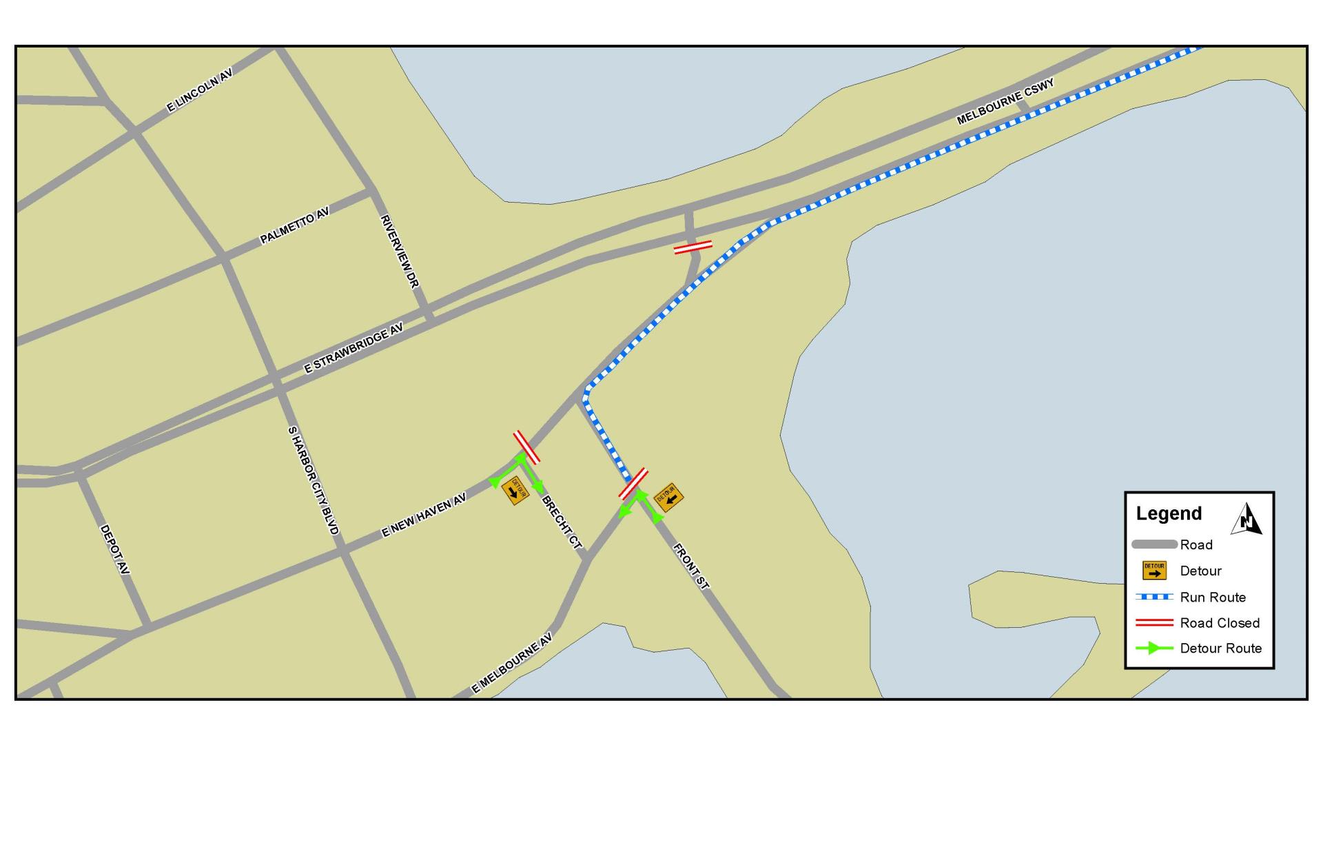 This is map depicting the road closure for the Downtown Melbourne 5K