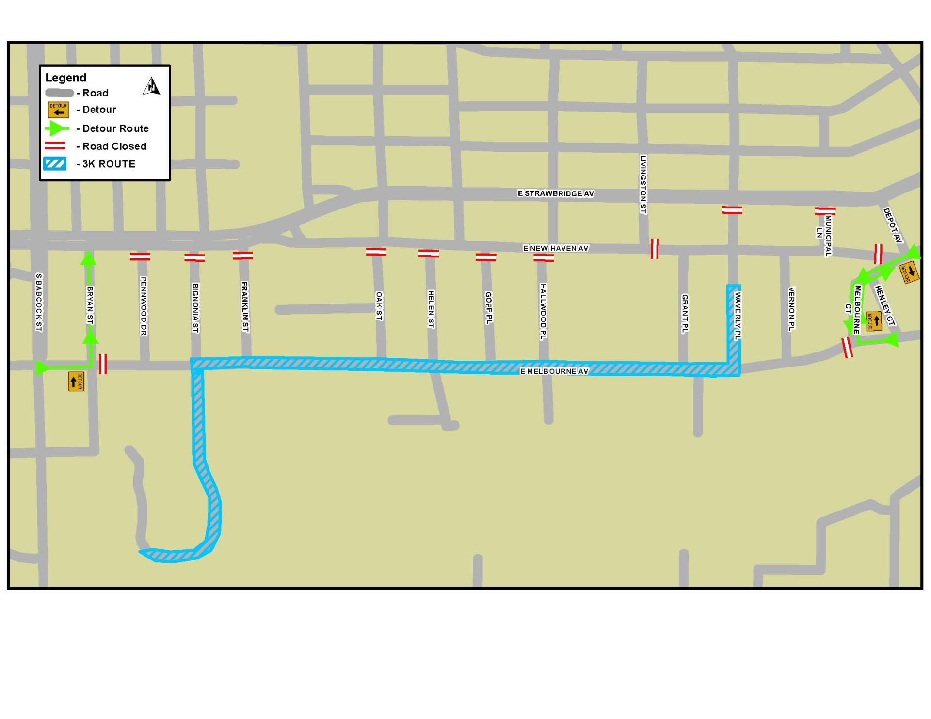 This map depicts the road closures for the Shamrock Shuffle 3K in Downtown Melbourne