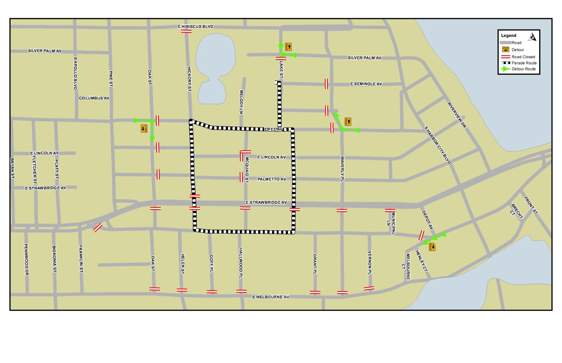 This map depicts the road closures for the St. Patrick's Day Parade in Downtown Melbourne