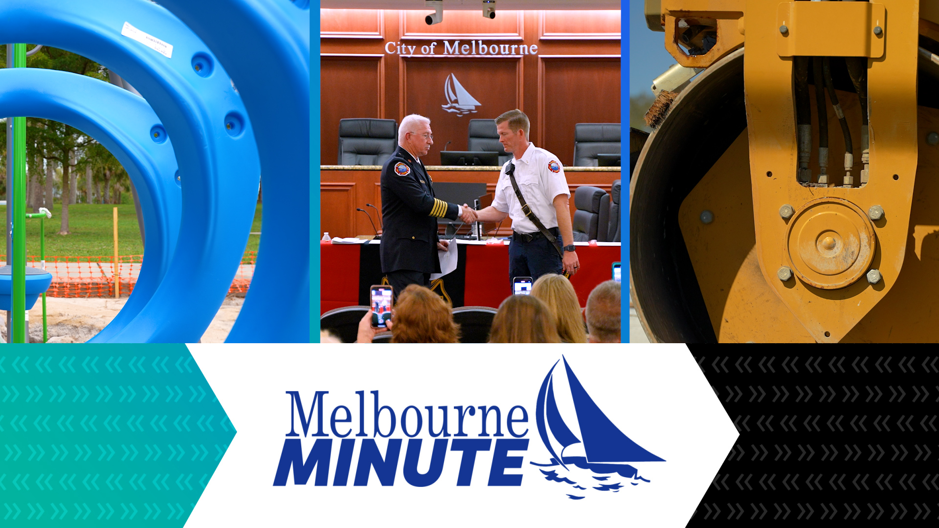 Close up photo of playground equipment, road paving, and two people shaking hands with the Melbourne Minute emblem