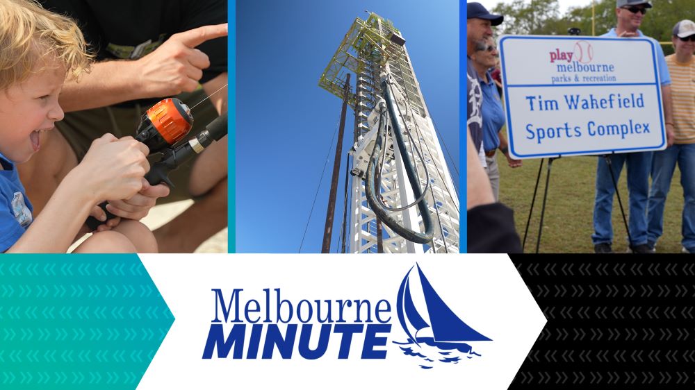 Three photos (child fishing, well drilling platform, Tim Wakefield Sports Complex sign) and text that says Melbourne Minute