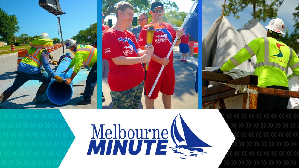 Three photos: water main installation, two people at the Torch Run and worker installing pipe lining with text that says Melbourne Minute