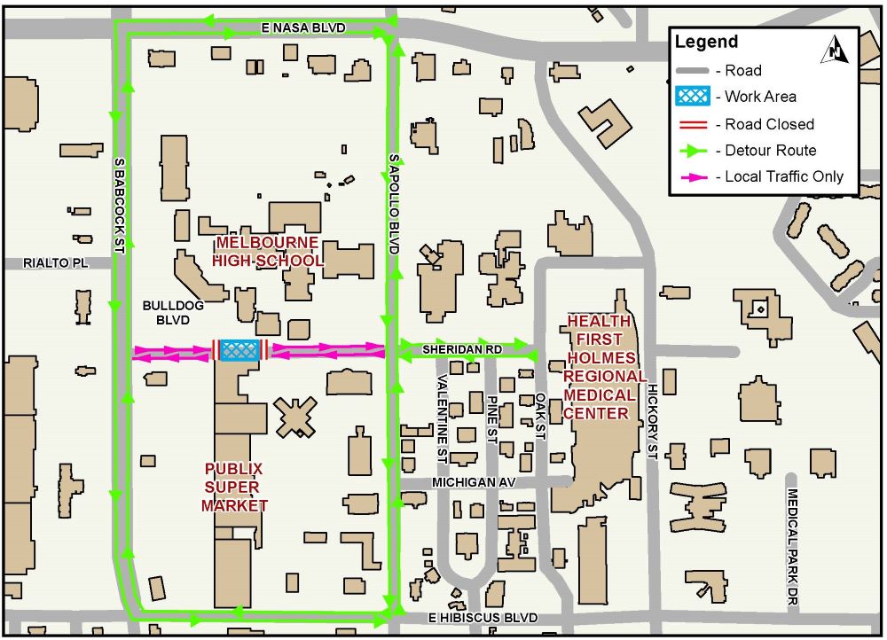 Map showing location of road closure on Bulldog Boulevard and detour route to Babcock Street, Apollo Boulevard, and Hibiscus Boulevard.