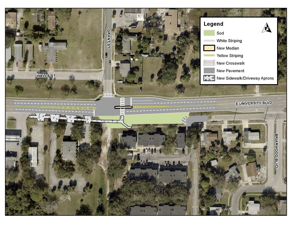 An aerial map of University Boulevard where it intersects with Grant Street showing the location of the new crosswalk, new median, new pavement, new sidewalk and driveway aprongs, new sod, and yellow and white striping.