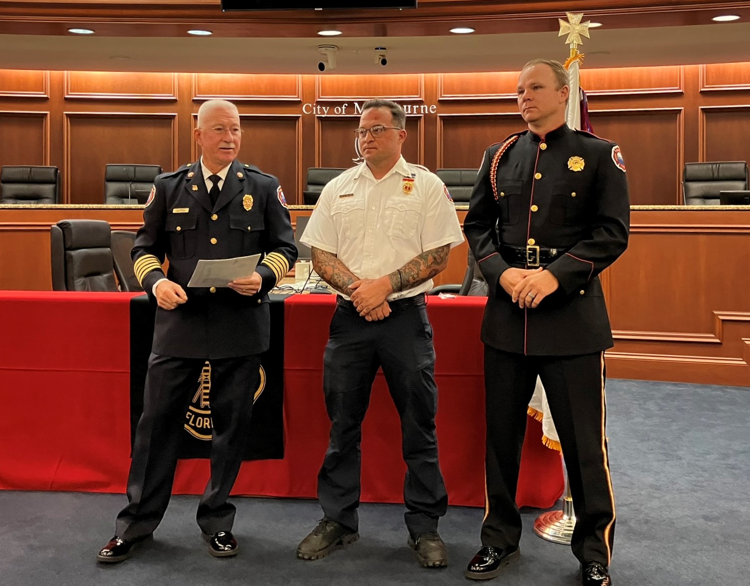 From left to right: Fire Chief Chuck Bogle, Lt. Stephen Vallante and Lt. Todd Olsen