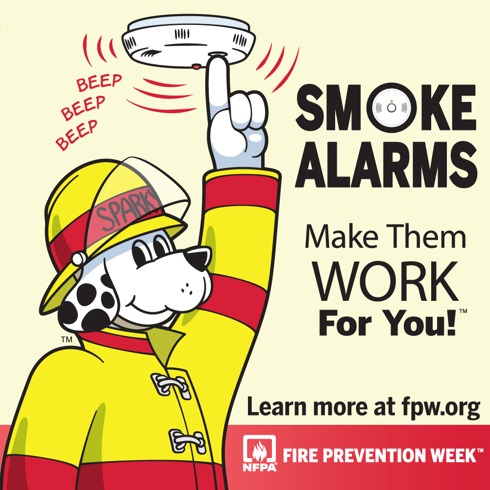 Cartoon illustration of Sparky the Fire Dog with a smoke alarm with text that says: Smoke Alarms. Make them work for you! Learn more at fpw.org. NFPA Fire Prevention Week logo.